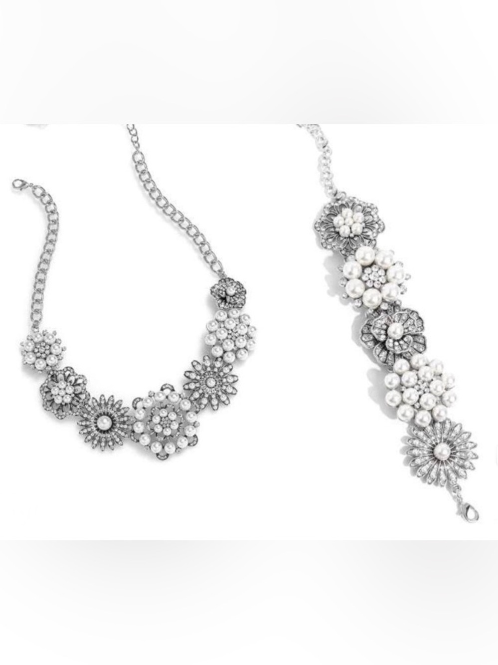 Pearl & Crystal Floral Statement Necklace - Earrings - Bracelet Set